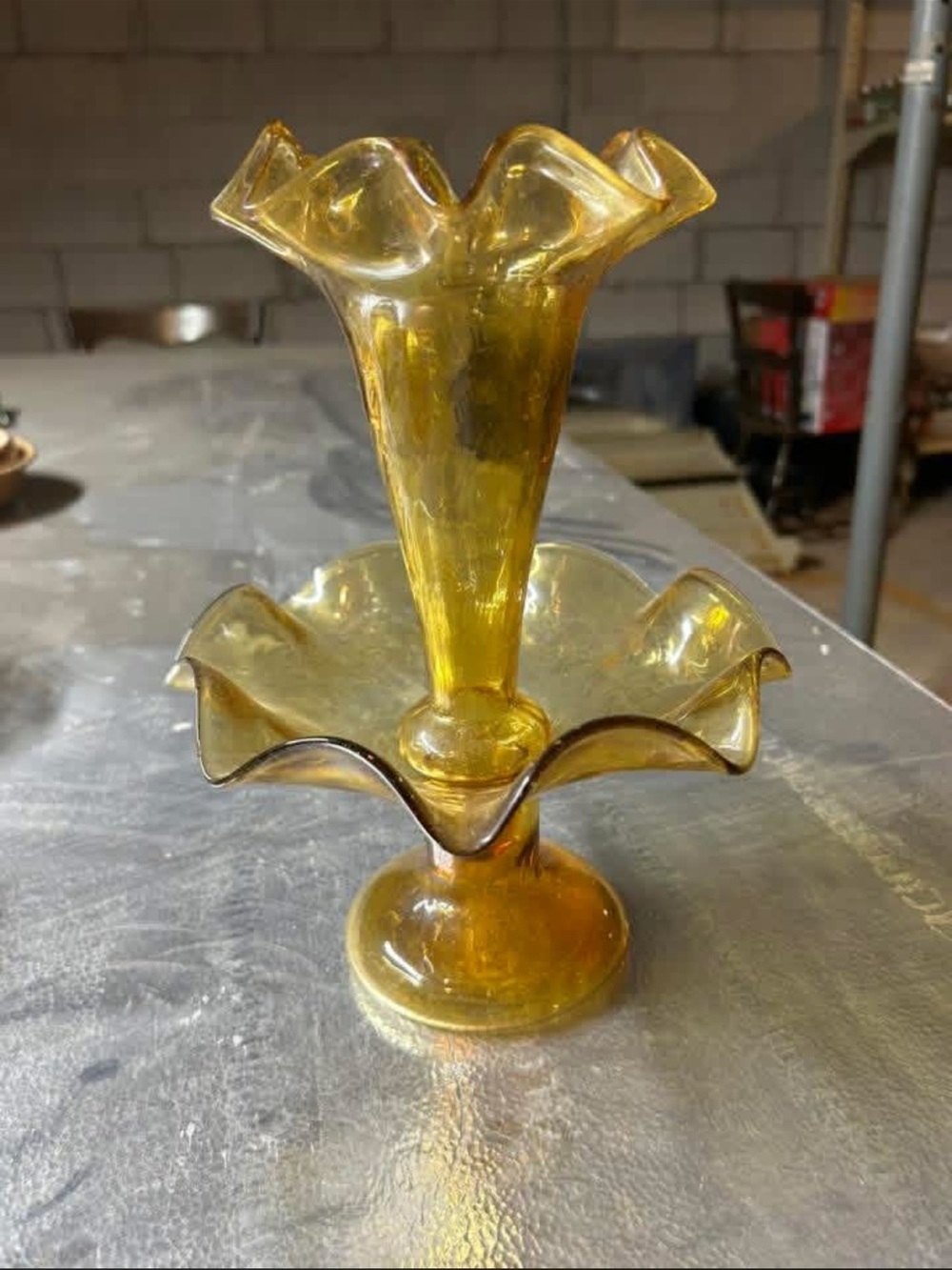 Amber Glass Double Ruffled Vase - Home Art